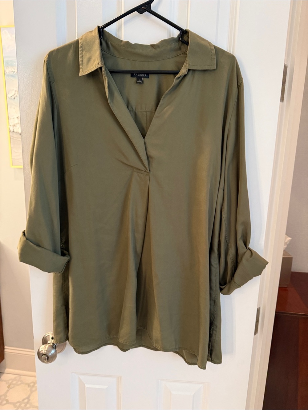 Talbots Olive Collared V-Neck Lightweight Blouse